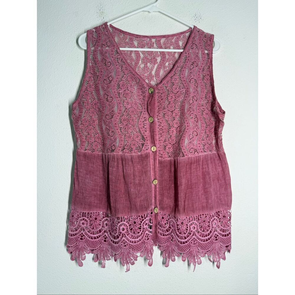 Vintage Evolve Pink Lace Sleeveless Top Button Front Boho Feminine Size M